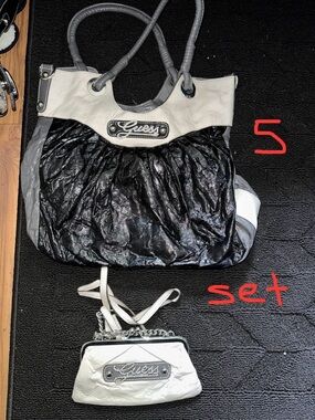 GUESS Black, White & Gray Tote with Matching White Mini Crossbody